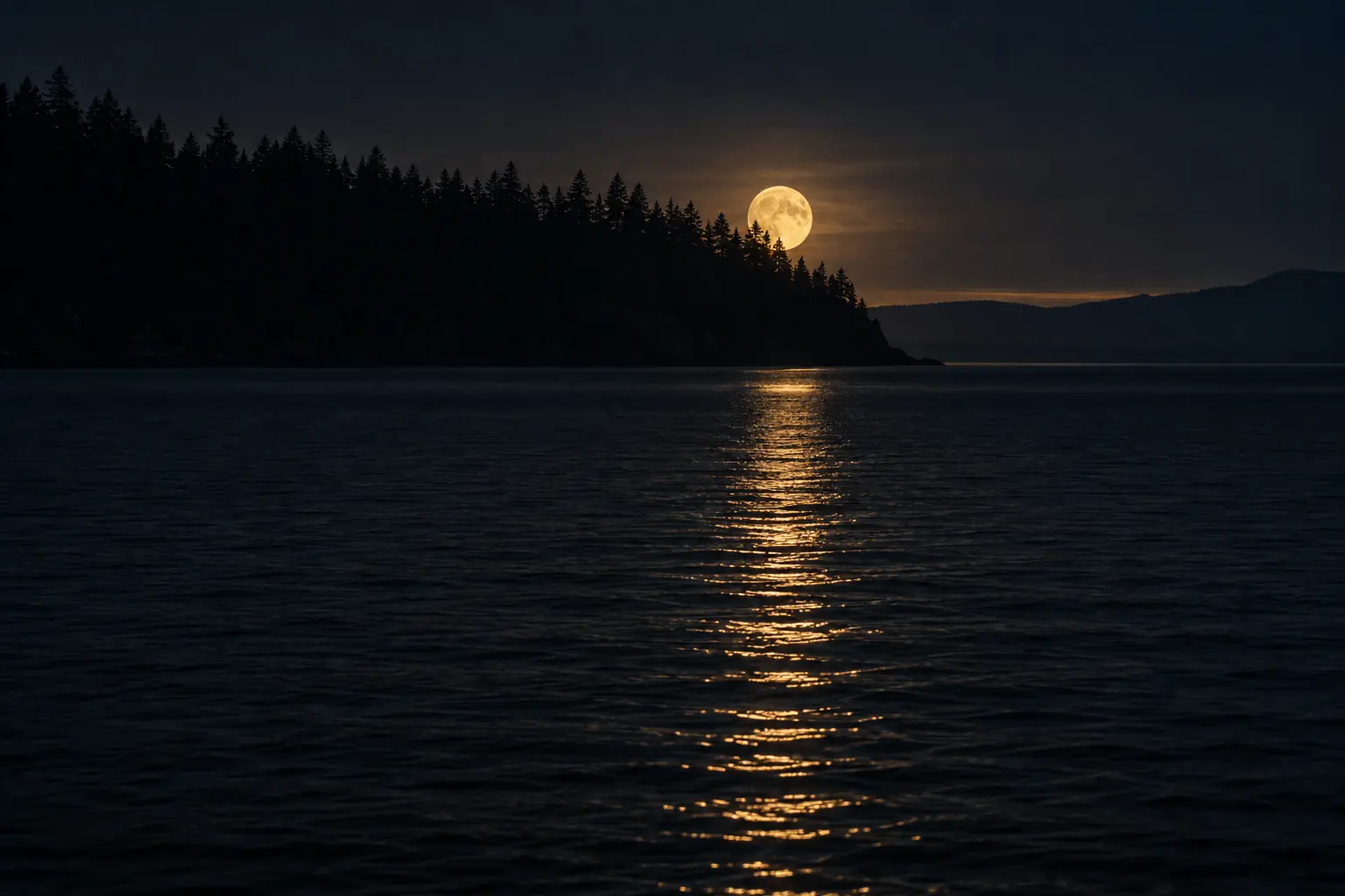 A full moon low over a dark forested headland, its light running in a long gold column down the still water of a bay at night.