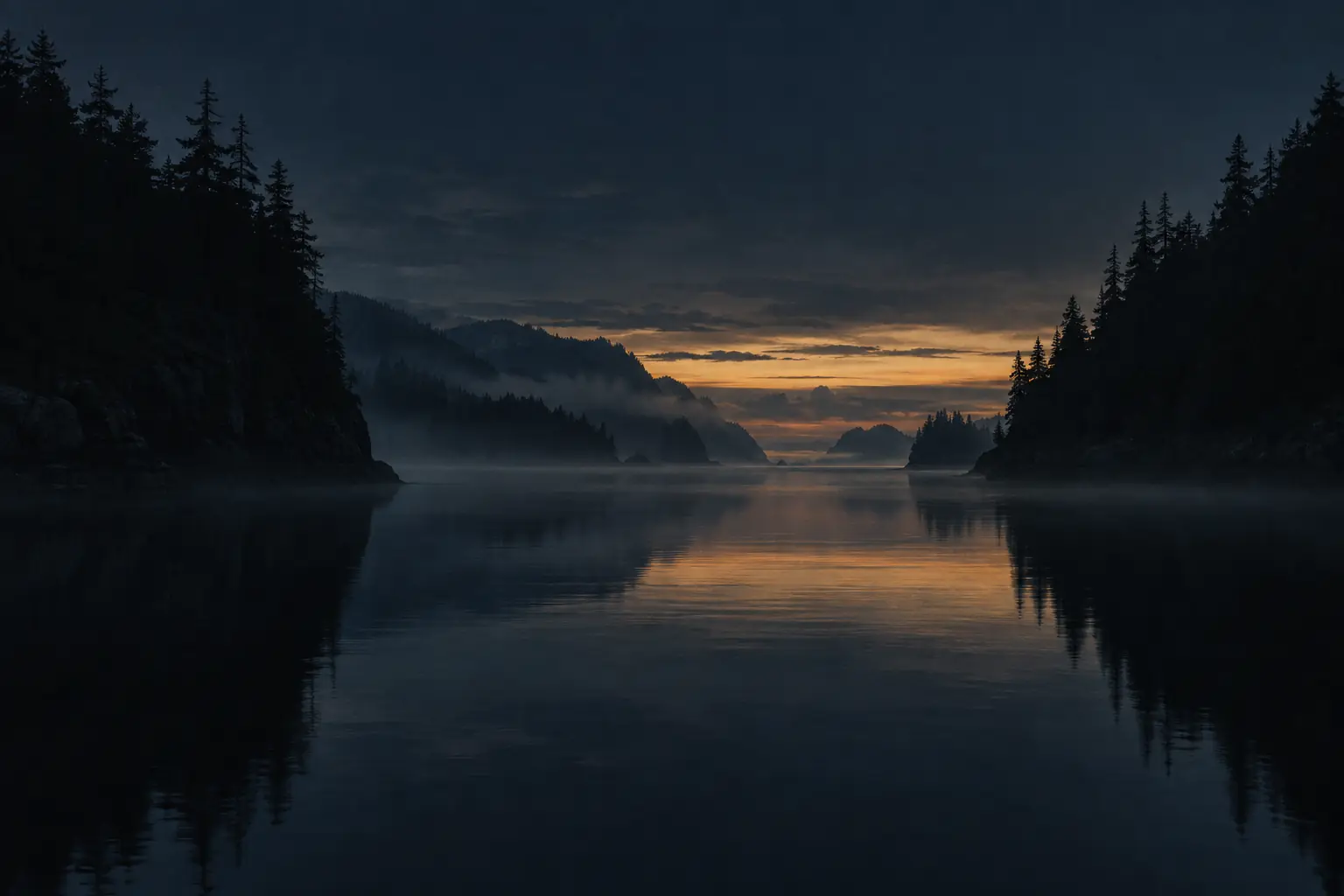 A narrow inlet at dusk, steep evergreen banks on both sides in silhouette, a thin band of gold on the horizon reflected in flat water.