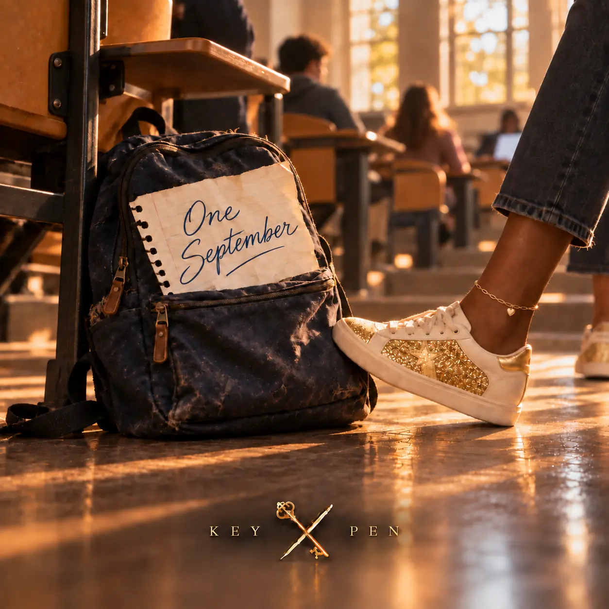 One September cover art: a worn denim backpack against a lecture hall chair, a torn notebook page reading One September tucked into it, a gold studded sneaker resting beside it in warm afternoon light, and the gold Key Pen key and pen mark below.